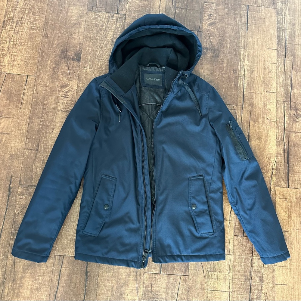 Calvin Klein Blue Performance Jacket with Hood and Water-Resistant Finish
